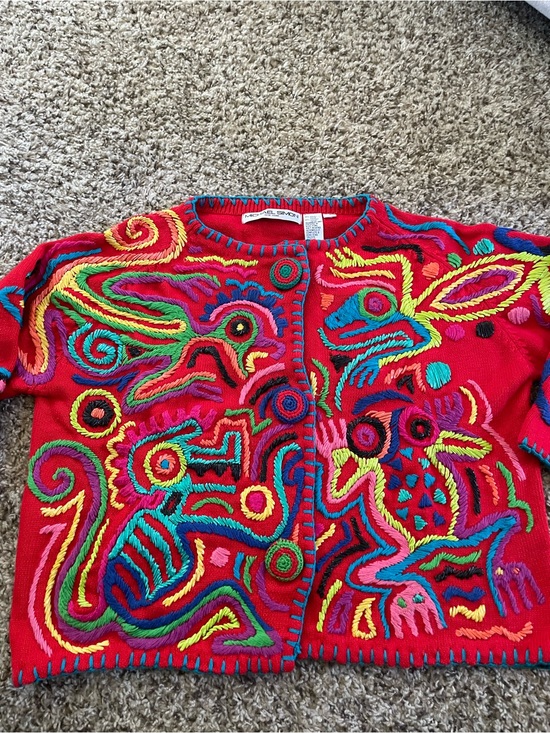 Michael Simon Sweaters - Vintage Michael Simon Red Cardigan with Turquoise Trim and Multicolor Embroidery